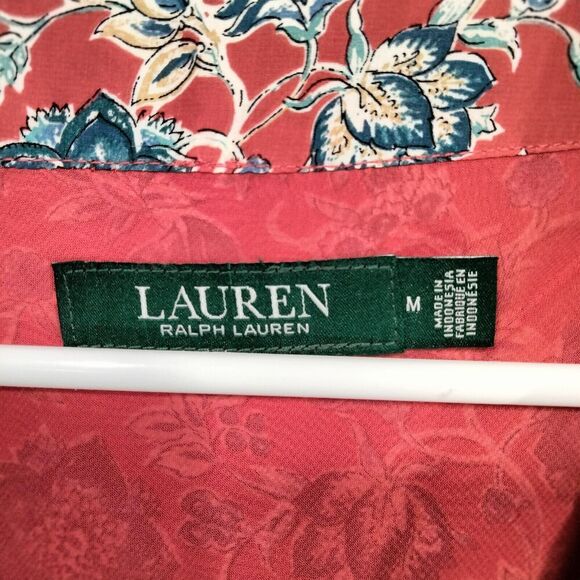 Lauren Ralph Lauren Blouse Womens M Coral Blue Floral Flutter Sleeve Tie Neck - Picture 7 of 12